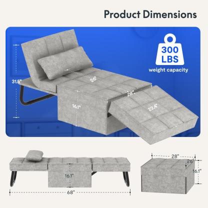 Sofá cama convertible con respaldo ajustable en 5 niveles, otomana tapizada multifuncional, sofá tapizado ajustable, muebles para sala de estar (gris, compatible con camas).
